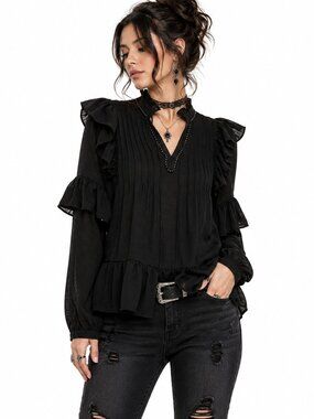 Free Generation Ruffle Tie Neck Blouse Black Whimsigoth Romantic Boho M
